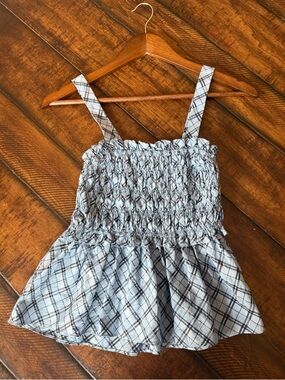J. Crew Light Blue & Black Smocked Plaid Tank